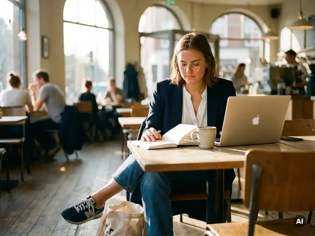 Jonge vrouw in smart-casual kleding werkt aan laptop in zonnig café met planner en hardloopschoen naast haar tas.